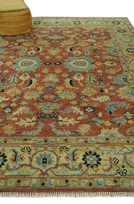 Vintage Style 8x10 Traditional Floral Rust and Olive Oriental Oushak wool area rug