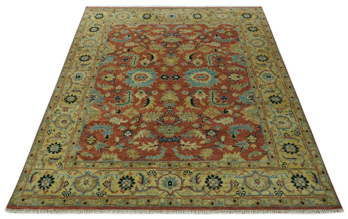 Vintage Style 8x10 Traditional Floral Rust and Olive Oriental Oushak wool area rug