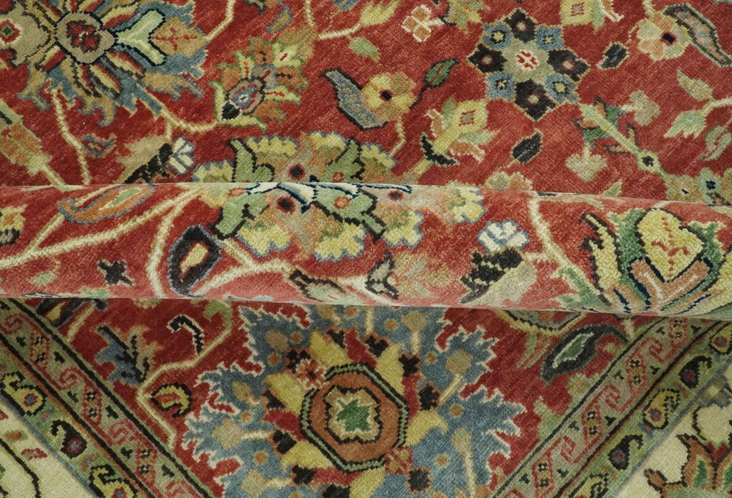 Vintage Style 9x12 Fine Hand Knotted Rust, Olive and Beige Traditional Serapi wool rug