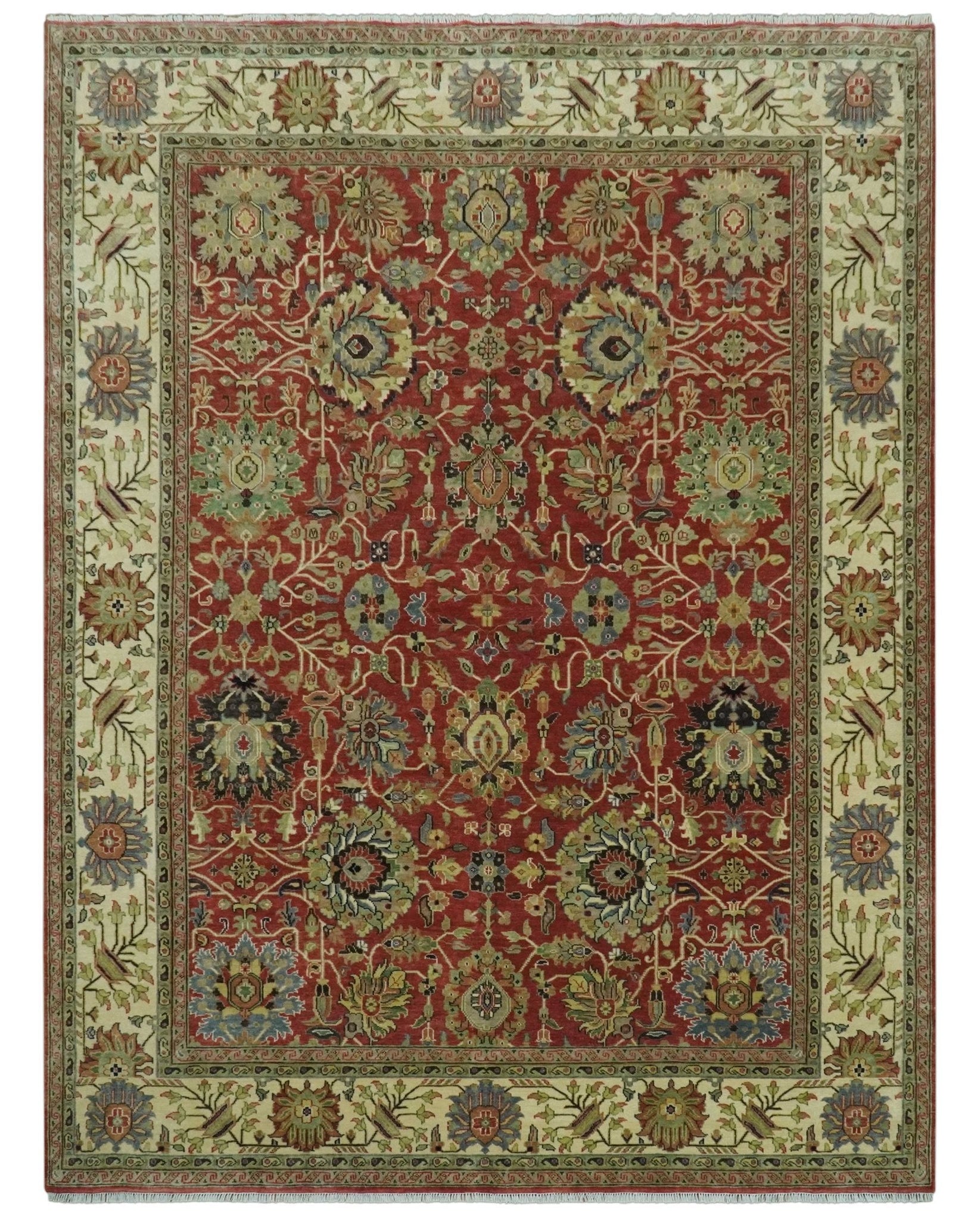 Vintage Style 9x12 Fine Hand Knotted Rust, Olive and Beige Traditional