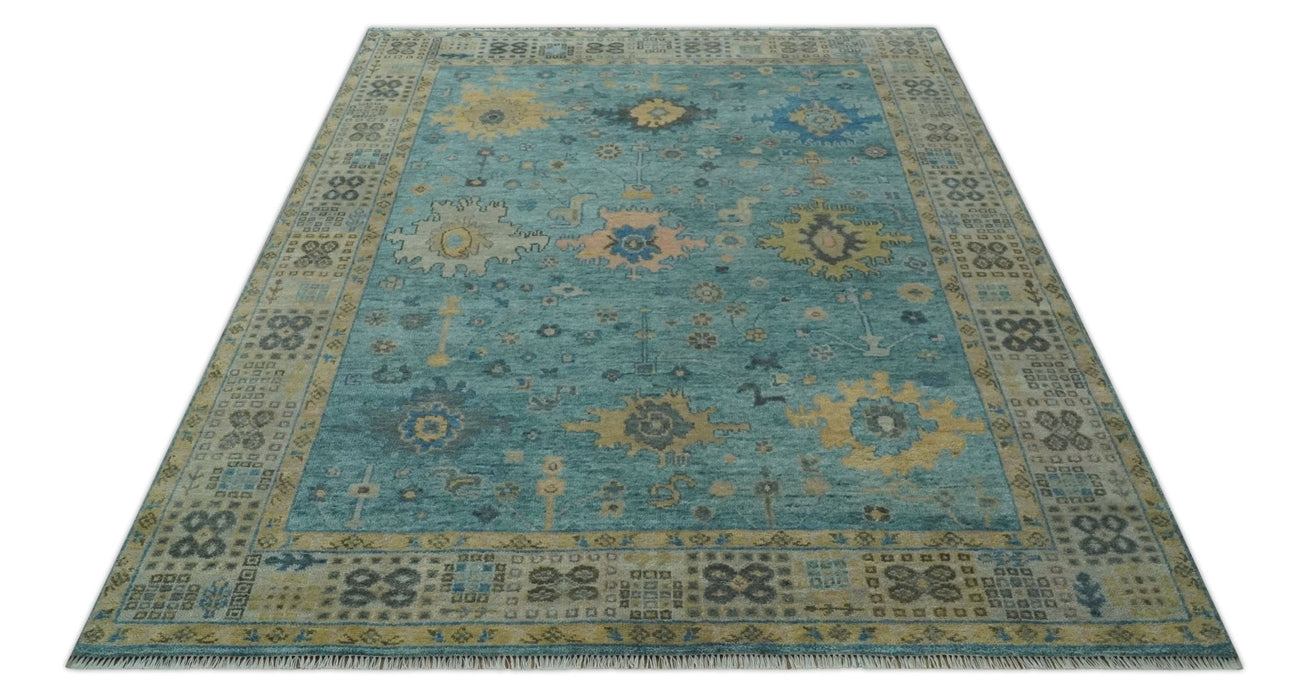 Vintage Style Blue, Beige and silver Hand Knotted Traditional Oushak wool area Rug
