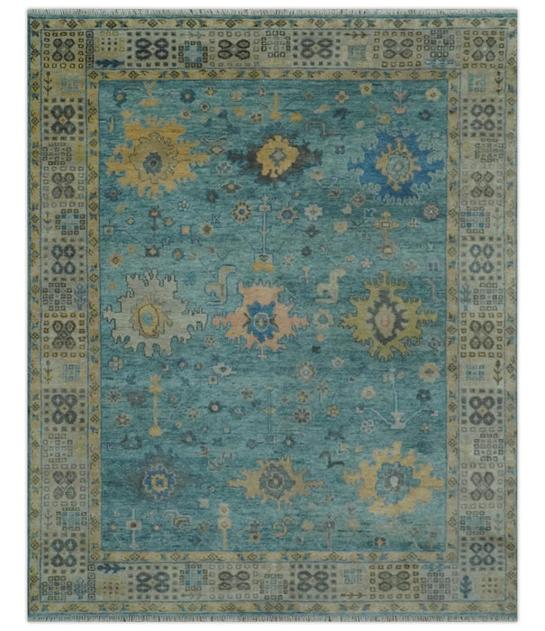 Vintage Style Blue, Beige and silver Hand Knotted Traditional Oushak wool area Rug