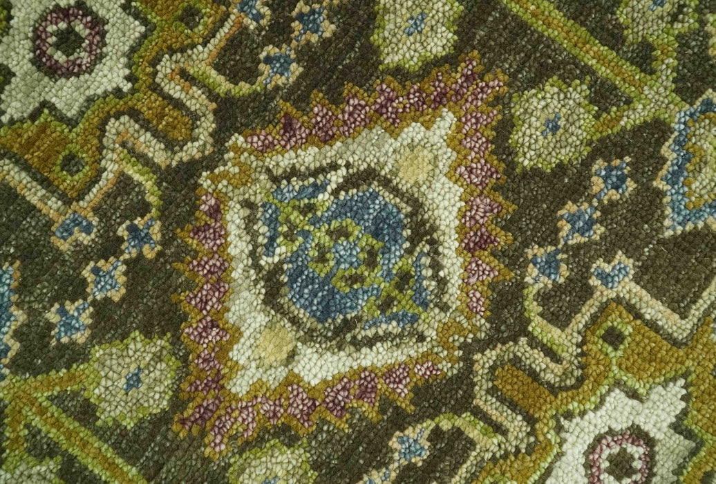 Vintage Style Earthy Green and Silver Traditional Hand Knotted Multi Size wool area rug