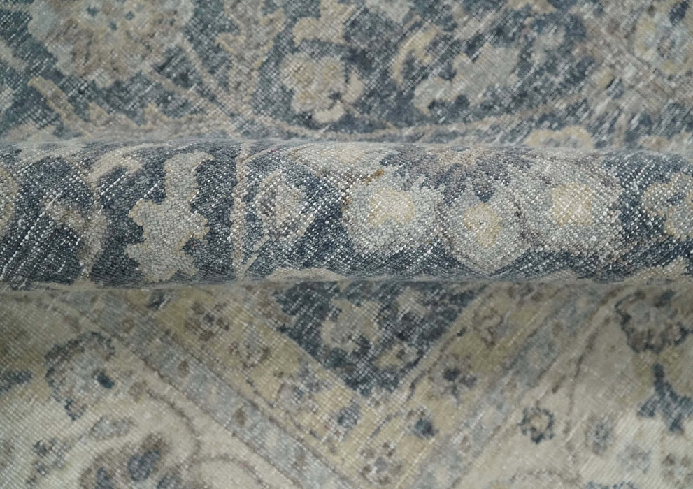 Vintage Style Hand Knotted 9x12 Traditional Blue and Beige Antique Textured Low Pile Distressed Wool Rug
