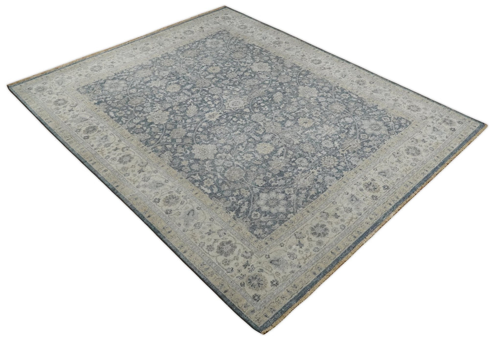 Vintage Style Hand Knotted 9x12 Traditional Blue and Beige Antique Textured Low Pile Distressed Wool Rug