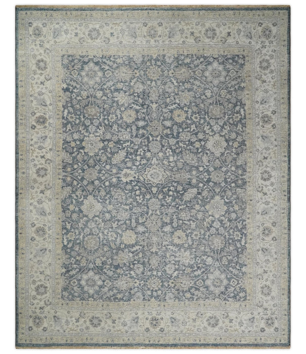 Vintage Style Hand Knotted 9x12 Traditional Blue and Beige Antique Textured Low Pile Distressed Wool Rug