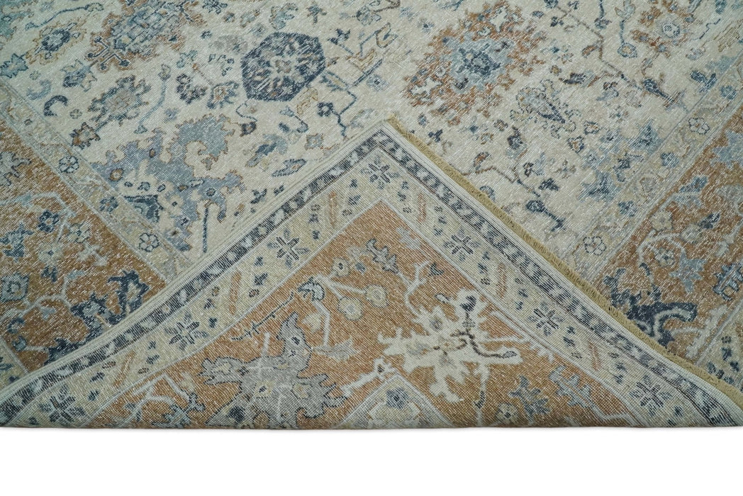 Vintage Style Ivory and Rust 8x10 Traditional Textured Low Pile Wool Rug