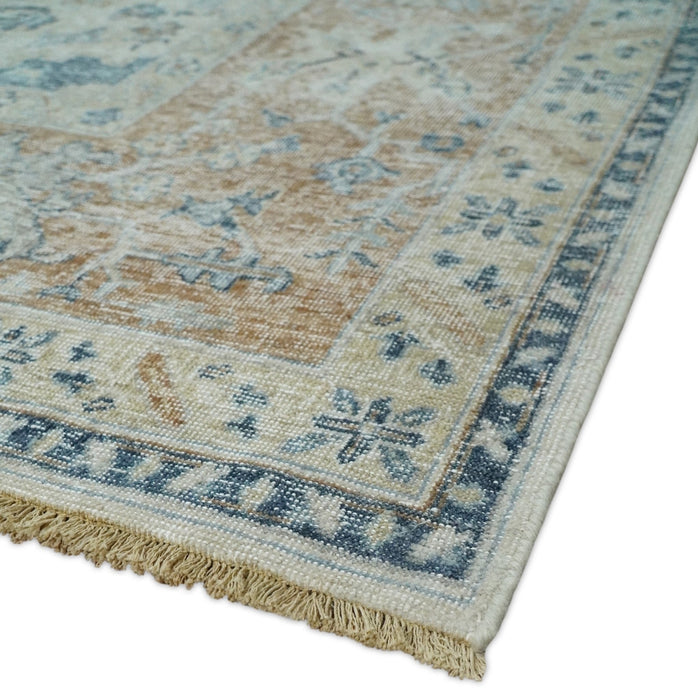 Vintage Style Ivory and Rust 8x10 Traditional Textured Low Pile Wool Rug