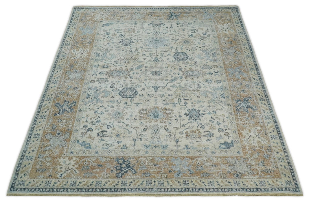 Vintage Style Ivory and Rust 8x10 Traditional Textured Low Pile Wool Rug