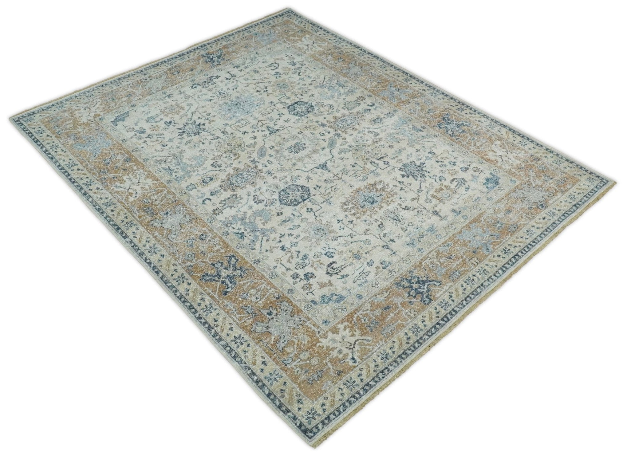 Vintage Style Ivory and Rust 8x10 Traditional Textured Low Pile Wool R
