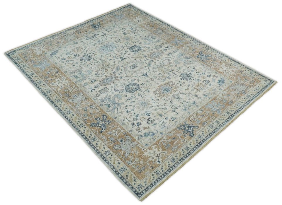 Vintage Style Ivory and Rust 8x10 Traditional Textured Low Pile Wool Rug