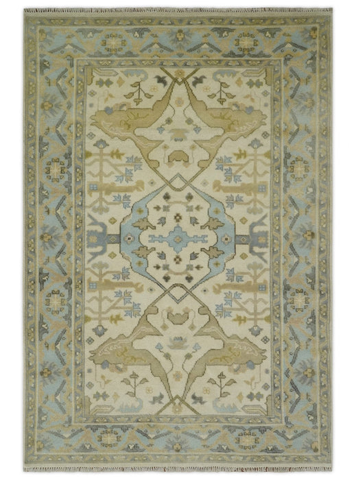Vintage Style Ivory, Beige and Gray 6x9 Hand Knotted Traditional Oriental Oushak wool rug