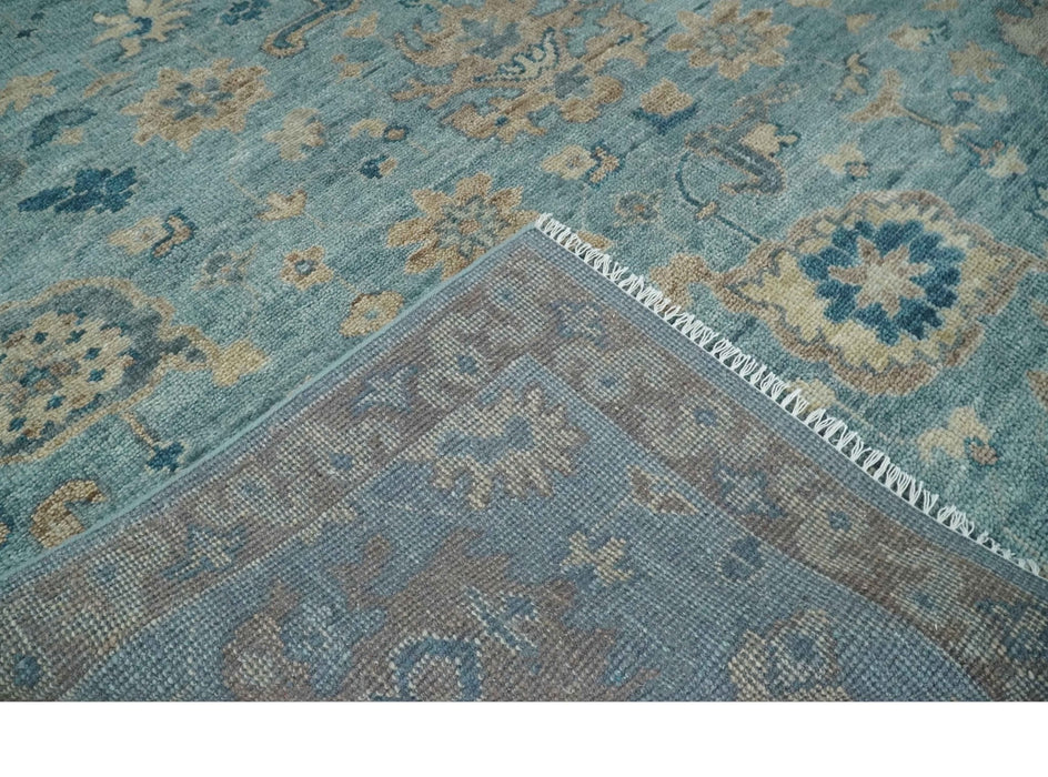 Vintage Style Light Blue and Brown Hand knotted Oushak Multi Size wool Area Rug