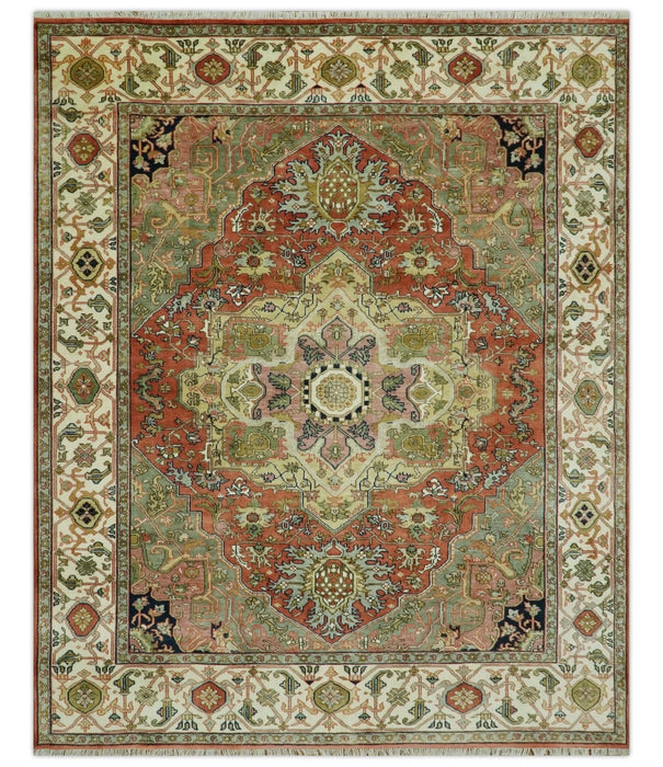 Vintage Style Olive, Rust and Ivory Fine Hand Knotted 8x10 wool area rug