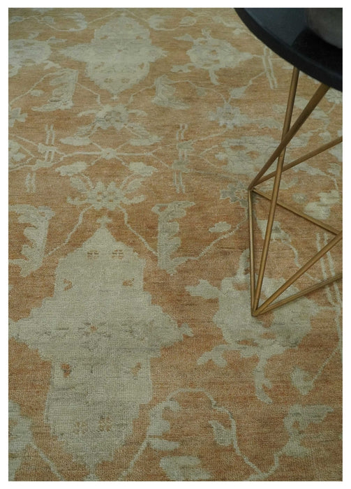 Vintage Style Rust and Beige Hand knotted Traditional Oushak 8x10 and 9x12 wool Area Rug