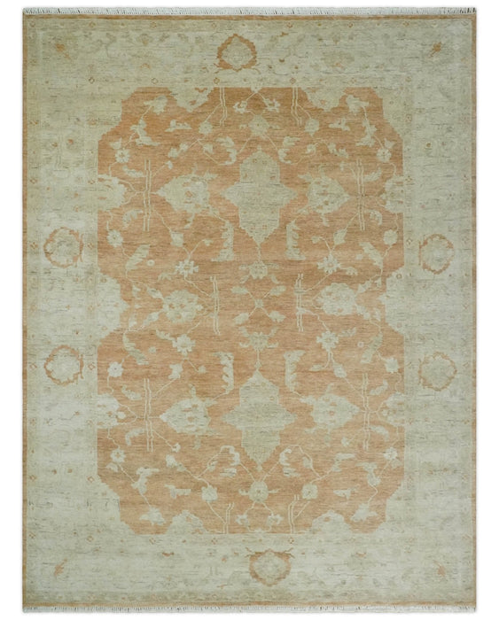 Vintage Style Rust and Beige Hand knotted Traditional Oushak 8x10 and 9x12 wool Area Rug