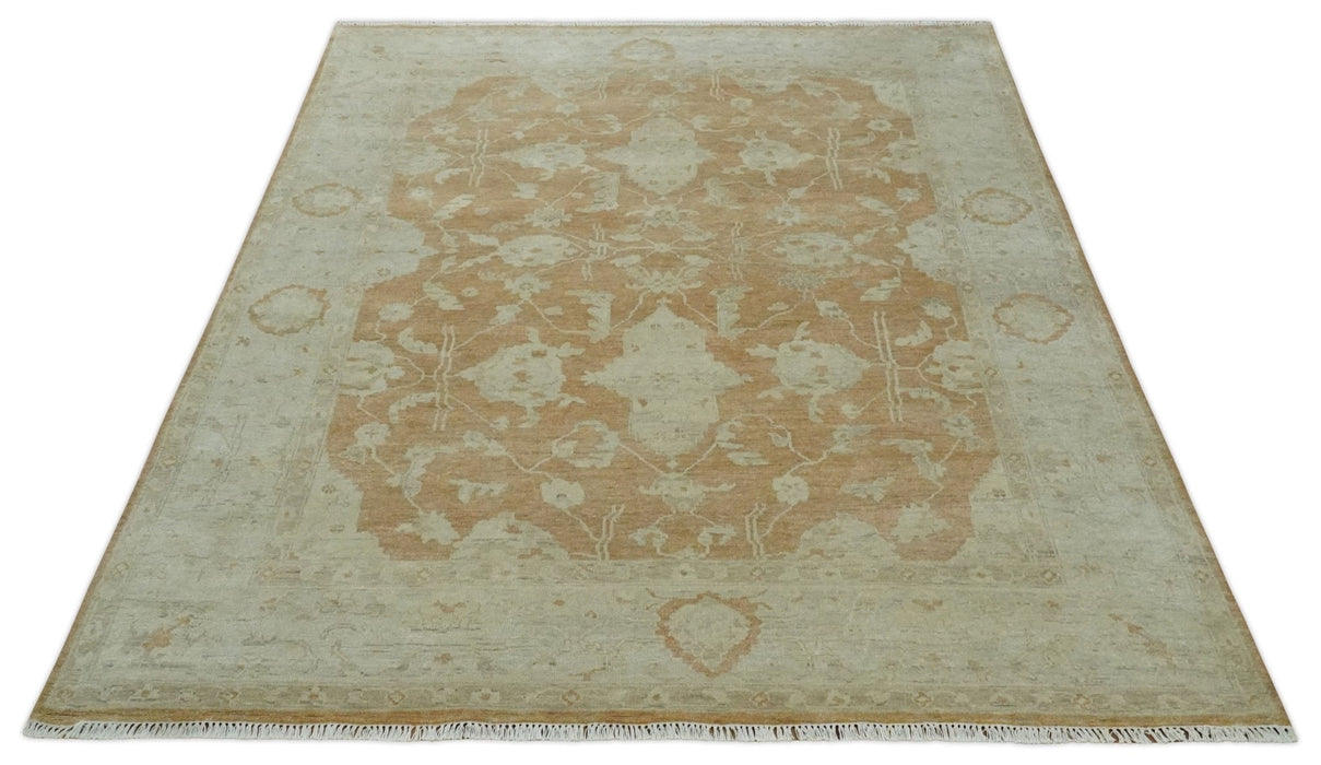 Vintage Style Rust and Beige Hand knotted Traditional Oushak 8x10 and 9x12 wool Area Rug