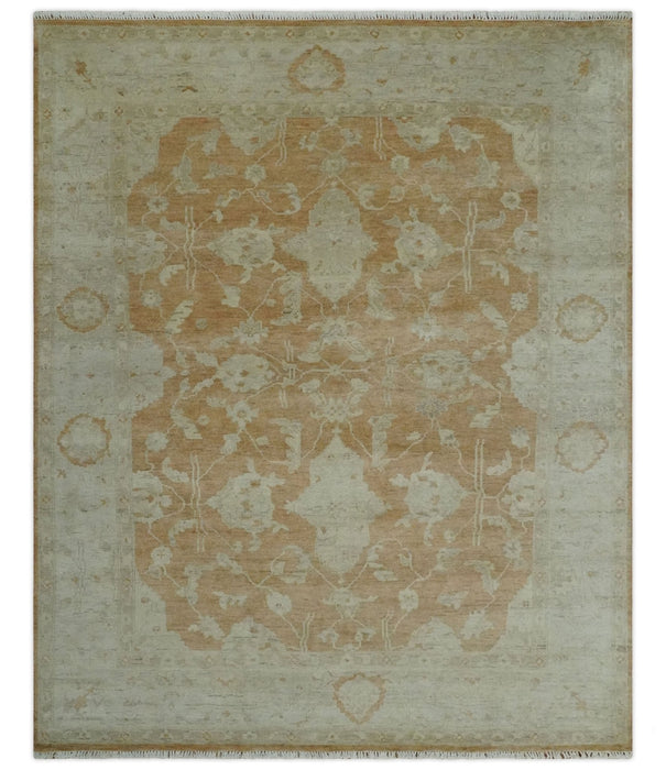 Vintage Style Rust and Beige Hand knotted Traditional Oushak 8x10 and 9x12 wool Area Rug