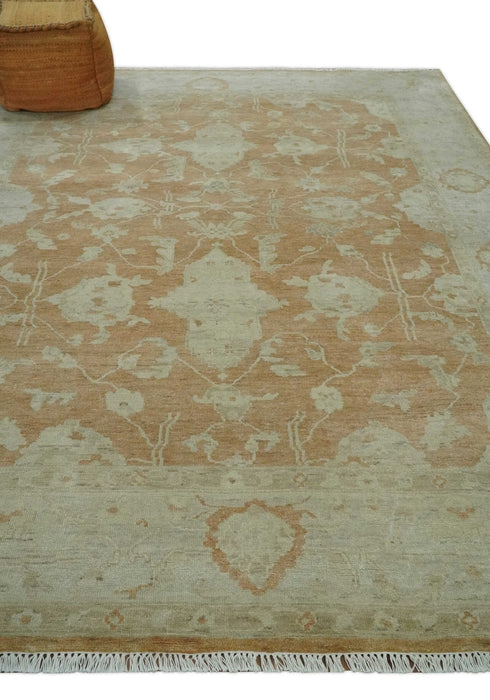 Vintage Style Rust and Beige Hand knotted Traditional Oushak 8x10 and 9x12 wool Area Rug