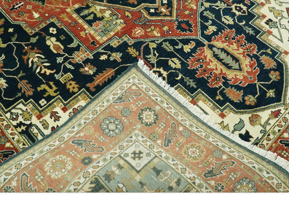 Vintage Style Rust, Blue and Ivory Fine Hand Knotted Traditional Heriz 9x12 wool area rug