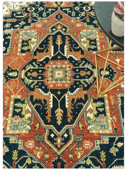 Vintage Style Rust, Blue and Ivory Fine Hand Knotted Traditional Heriz 9x12 wool area rug