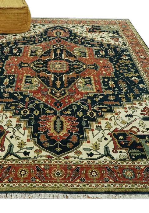 Vintage Style Rust, Blue and Ivory Fine Hand Knotted Traditional Heriz 9x12 wool area rug