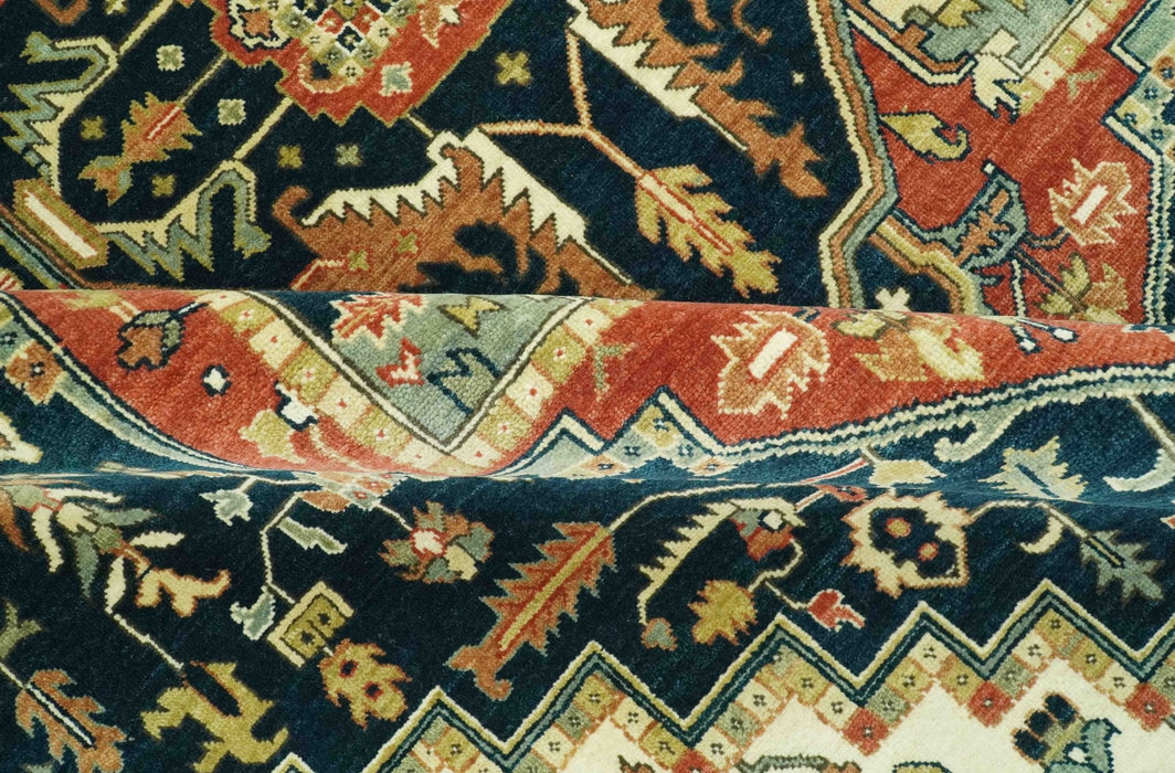 Vintage Style Rust, Blue and Ivory Fine Hand Knotted Traditional Heriz 9x12 wool area rug