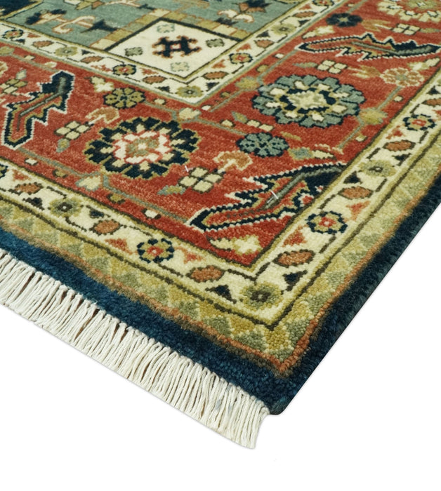 Vintage Style Rust, Blue and Ivory Fine Hand Knotted Traditional Heriz 9x12 wool area rug