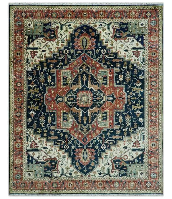 Vintage Style Rust, Blue and Ivory Fine Hand Knotted Traditional Heriz 9x12 wool area rug