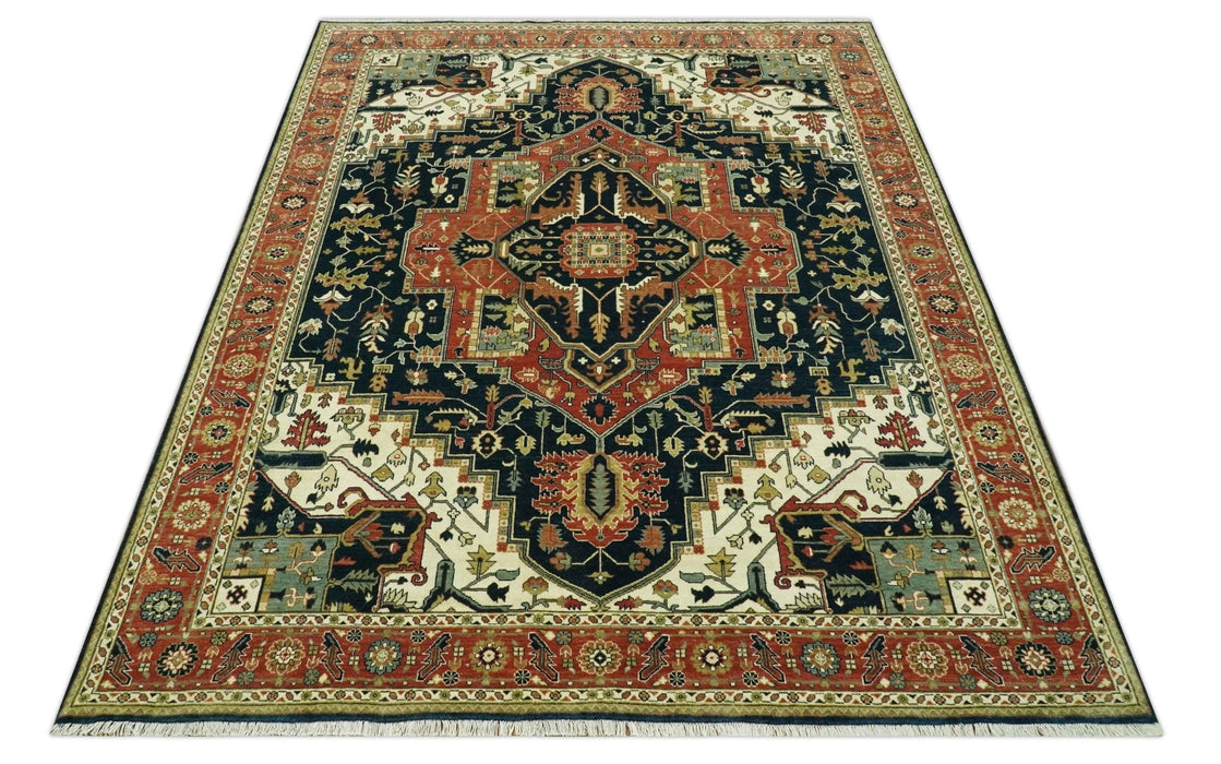 Vintage Style Rust, Blue and Ivory Fine Hand Knotted Traditional Heriz 9x12 wool area rug