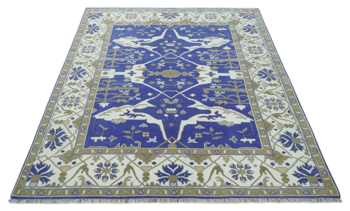 Violet, Ivory and Olive Traditional Hand knotted Oriental Oushak 8x10 wool Area Rug