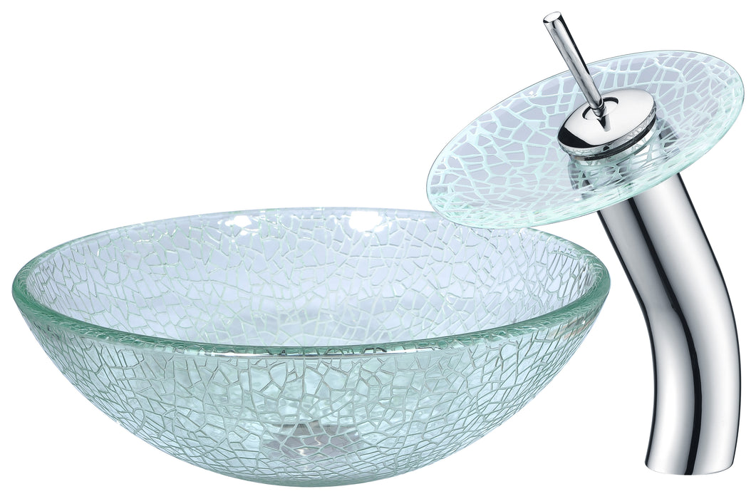 Choir Series Deco-Glass Vessel Sink in Crystal Clear Mosaic with Matching Chrome Waterfall Faucet