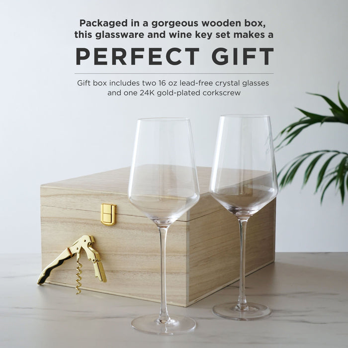 Crystal Bordeaux Glasses & Gold Corkscrew Gift Box Set