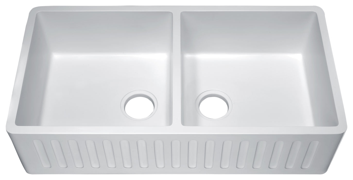 Roine Farmhouse Reversible Glossy Solid Surface 35 in. Double Basin Kitchen Sink in White