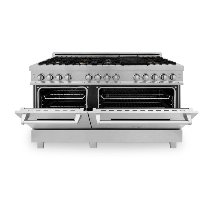 ZLINE 60 in. Professional Gas Burner, 7.6 cu. ft. Electric Oven in DuraSnow® Stainless and Brass Burner Set, RAS-SN-BR-60