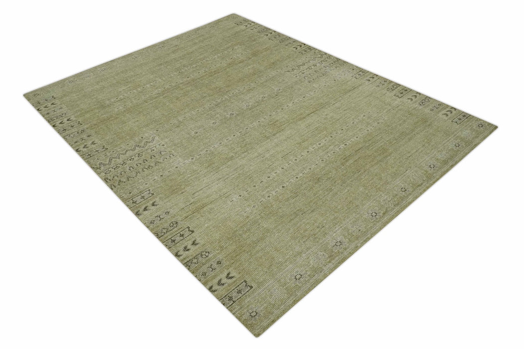 Warm Contemporary Hand Knotted Olive and Brown Design Custom Made Wool area rug