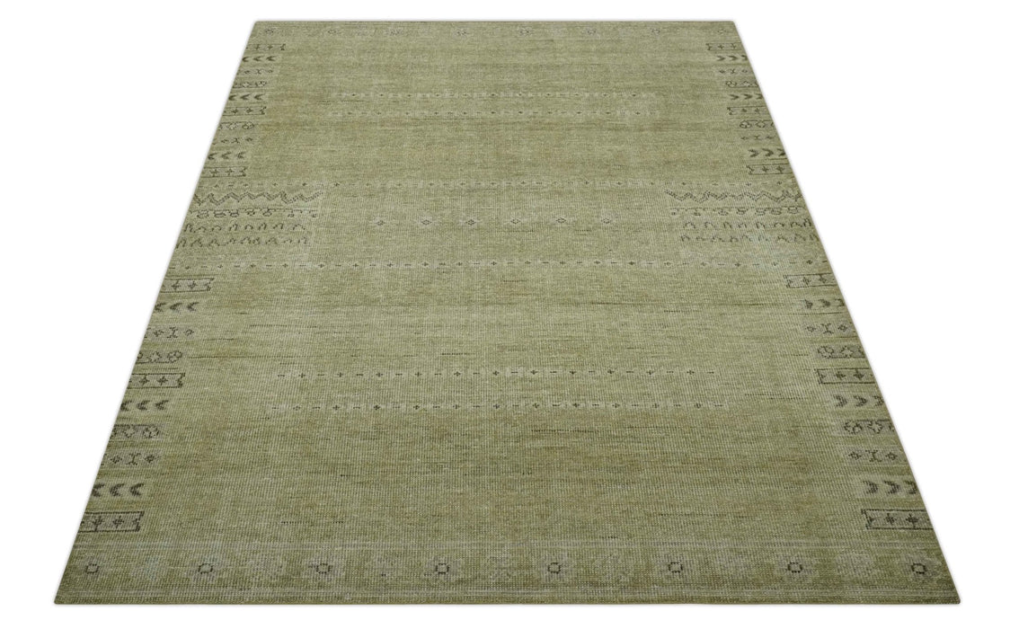 Warm Contemporary Hand Knotted Olive and Brown Design Custom Made Wool area rug