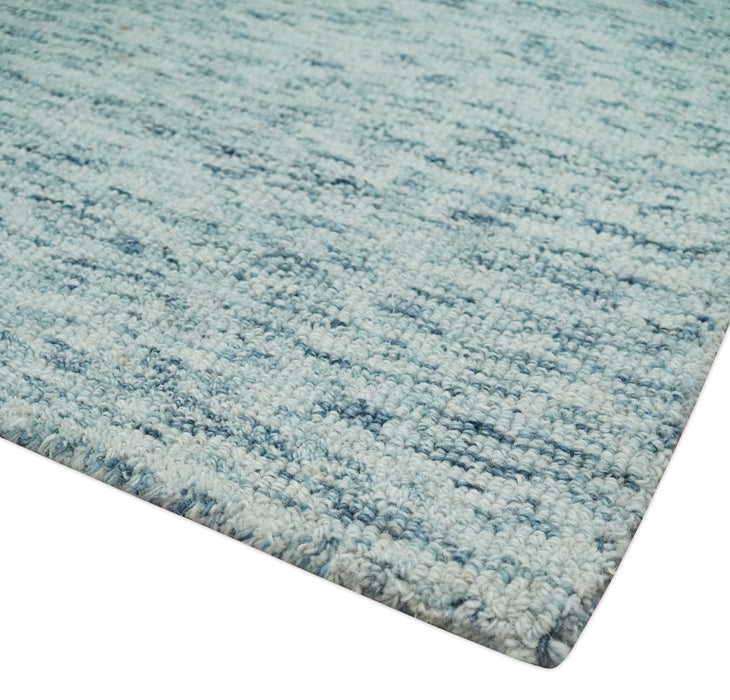 Custom Made Ivory and Blue Abstract Hand Tufted Natural Wool Area Rug