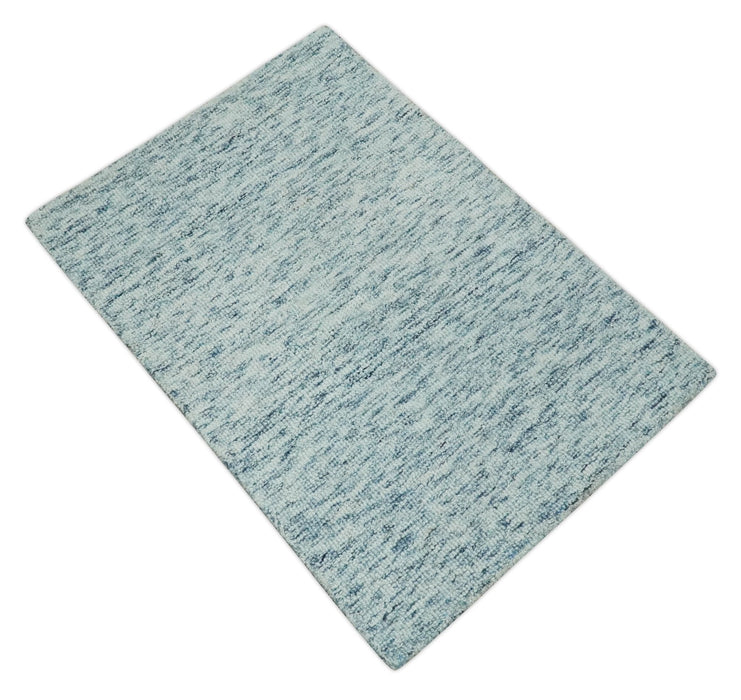 Custom Made Ivory and Blue Abstract Hand Tufted Wool Area Rug
