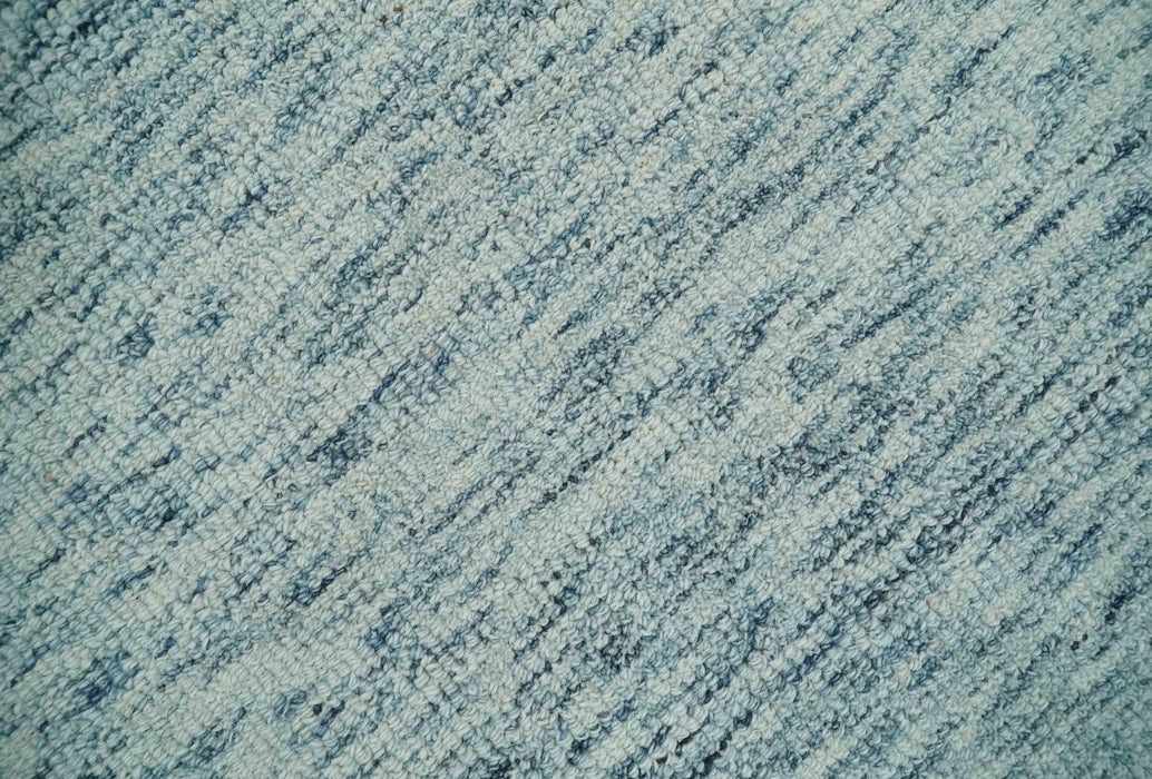 Custom Made Ivory and Blue Abstract Hand Tufted Natural Wool Area Rug