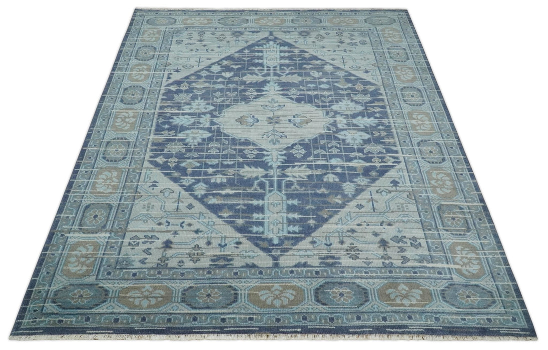 Woolen 8x10 Navy Blue and Beige Traditional Hand Knotted Wool Area Rug