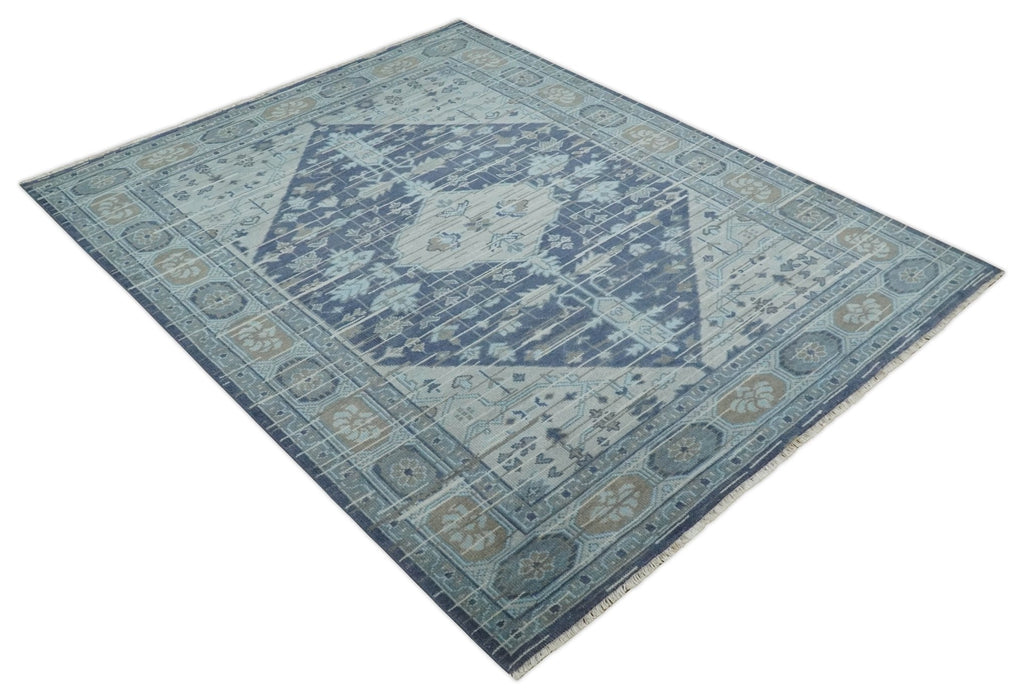 Woolen 8x10 Navy Blue and Beige Traditional Hand Knotted Wool Area Rug