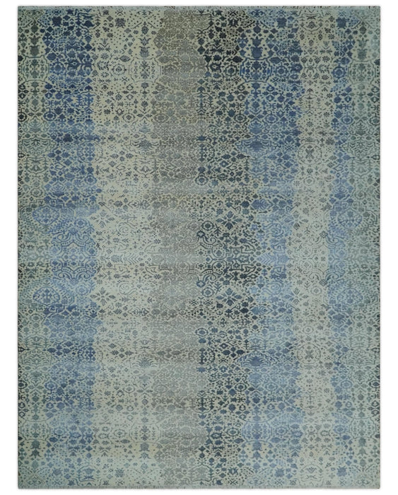Woolen Modern Contemporray Wool Beige, Blue and Silver Hand knotted Rug