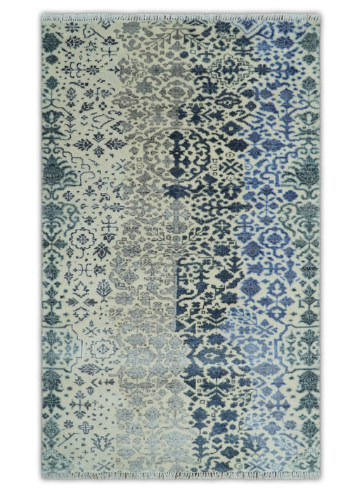 Woolen Modern Contemporray Wool Beige, Blue and Silver Hand knotted Rug