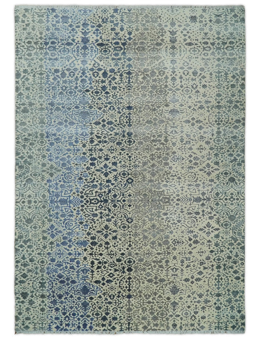Woolen Modern Contemporray Wool Beige, Blue and Silver Hand knotted Rug