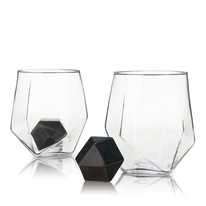 Seneca Faceted Crystal Tumbler and Basalt Hexagon Stone Set