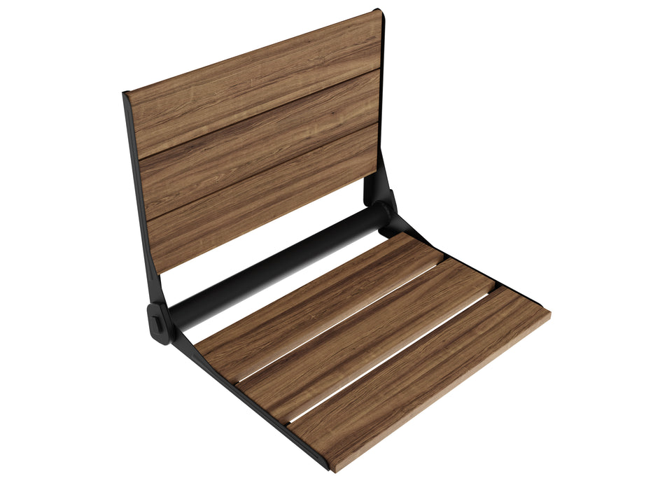 Saxon 17 in. Teak Wall Mounted Folding Shower Seat in Matte Black