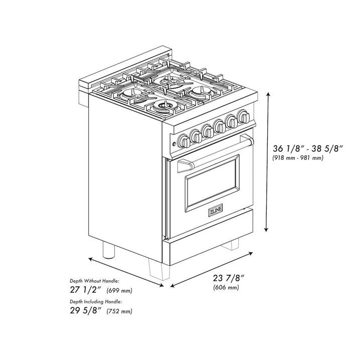 ZLINE Autograph Edition 24 in. 2.8 cu. ft. Legacy Dual Fuel Range with 4 Burner Gas Cooktop and Electric Convection Oven in Black Stainless Steel and Champagne Bronze Accents (RABZ-24-CB)