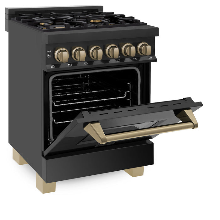 ZLINE Autograph Edition 24 in. 2.8 cu. ft. Legacy Dual Fuel Range with 4 Burner Gas Cooktop and Electric Convection Oven in Black Stainless Steel and Champagne Bronze Accents (RABZ-24-CB)