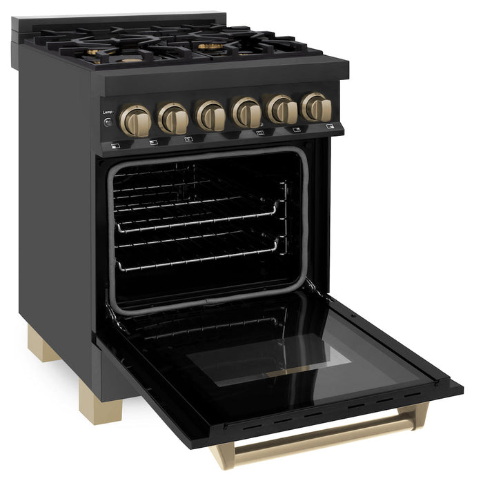 ZLINE Autograph Edition 24 in. 2.8 cu. ft. Legacy Dual Fuel Range with 4 Burner Gas Cooktop and Electric Convection Oven in Black Stainless Steel and Champagne Bronze Accents (RABZ-24-CB)